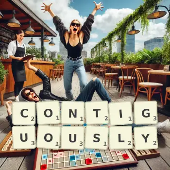 Creative illustration for a Scrabble game with the word CONTIGUOUSLY spelled out in tiles on the board.