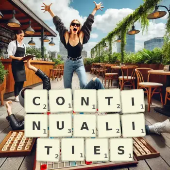 Creative illustration for a Scrabble game with the word CONTINUALITIES spelled out in tiles on the board.