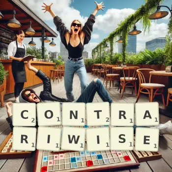 Creative illustration for a Scrabble game with the word CONTRARIWISE spelled out in tiles on the board.