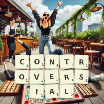 Creative illustration for a Scrabble game with the word CONTROVERSIAL spelled out in tiles on the board.