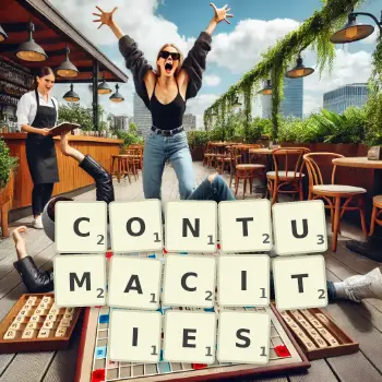 Creative illustration for a Scrabble game with the word CONTUMACITIES spelled out in tiles on the board.