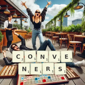 Creative illustration for a Scrabble game with the word CONVENERS spelled out in tiles on the board.