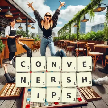 Creative illustration for a Scrabble game with the word CONVENERSHIPS spelled out in tiles on the board.