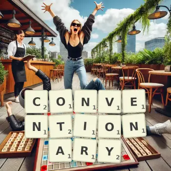 Creative illustration for a Scrabble game with the word CONVENTIONARY spelled out in tiles on the board.