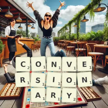 Creative illustration for a Scrabble game with the word CONVERSIONARY spelled out in tiles on the board.