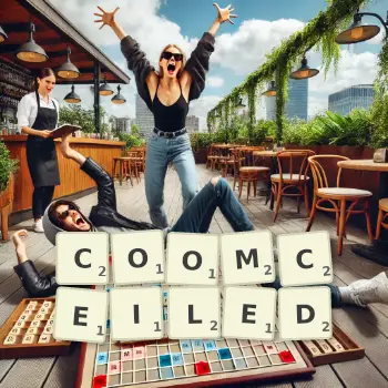 Creative illustration for a Scrabble game with the word COOMCEILED spelled out in tiles on the board.