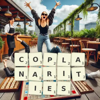 Creative illustration for a Scrabble game with the word COPLANARITIES spelled out in tiles on the board.