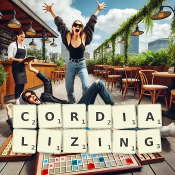 Creative illustration for a Scrabble game with the word CORDIALIZING spelled out in tiles on the board.