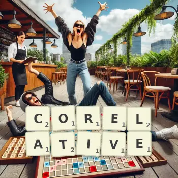 Creative illustration for a Scrabble game with the word CORELATIVE spelled out in tiles on the board.