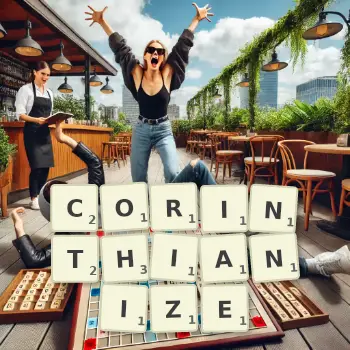 Creative illustration for a Scrabble game with the word CORINTHIANIZE spelled out in tiles on the board.