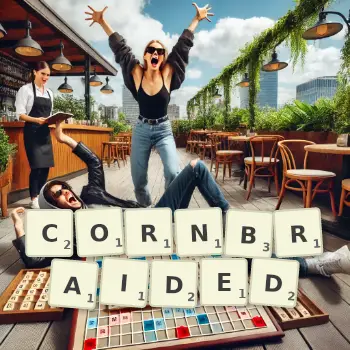 Creative illustration for a Scrabble game with the word CORNBRAIDED spelled out in tiles on the board.