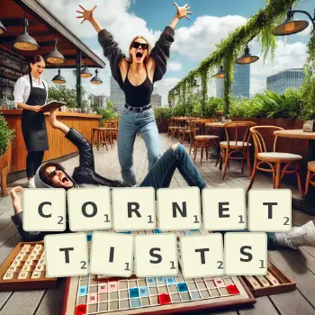 Creative illustration for a Scrabble game with the word CORNETTISTS spelled out in tiles on the board.