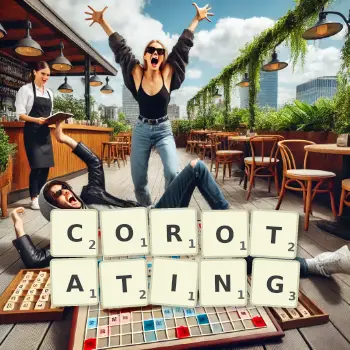 Creative illustration for a Scrabble game with the word COROTATING spelled out in tiles on the board.