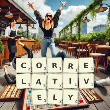 Creative illustration for a Scrabble game with the word CORRELATIVELY spelled out in tiles on the board.