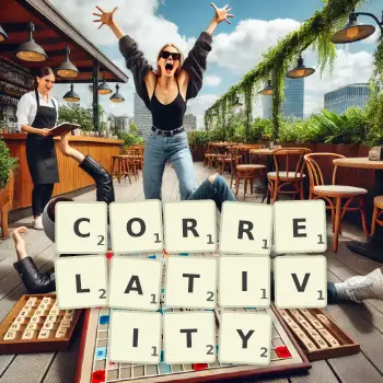 Creative illustration for a Scrabble game with the word CORRELATIVITY spelled out in tiles on the board.