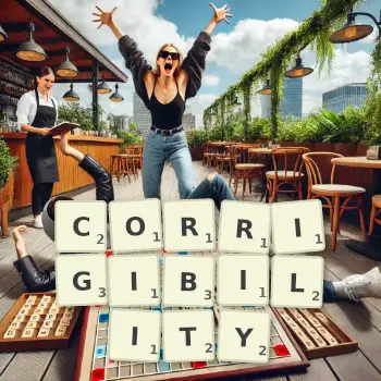 Creative illustration for a Scrabble game with the word CORRIGIBILITY spelled out in tiles on the board.