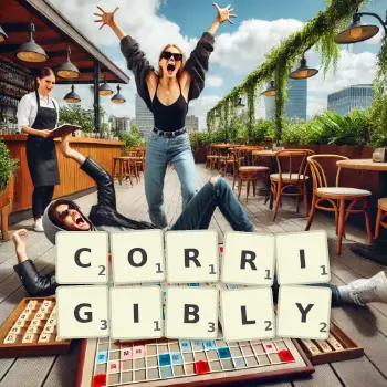 Creative illustration for a Scrabble game with the word CORRIGIBLY spelled out in tiles on the board.