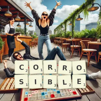 Creative illustration for a Scrabble game with the word CORROSIBLE spelled out in tiles on the board.