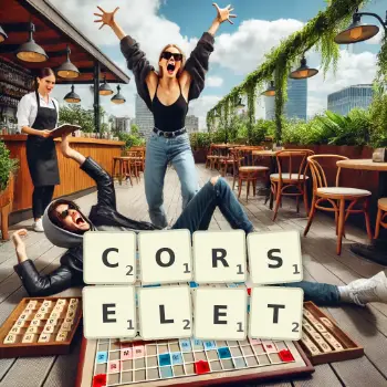 Creative illustration for a Scrabble game with the word CORSELET spelled out in tiles on the board.