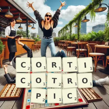 Creative illustration for a Scrabble game with the word CORTICOTROPIC spelled out in tiles on the board.