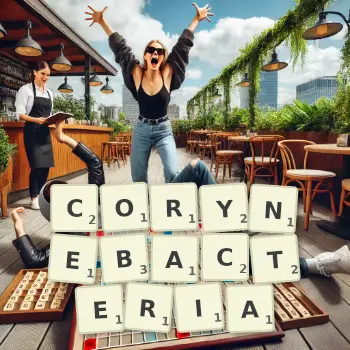 Creative illustration for a Scrabble game with the word CORYNEBACTERIA spelled out in tiles on the board.