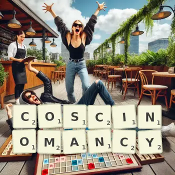 Creative illustration for a Scrabble game with the word COSCINOMANCY spelled out in tiles on the board.