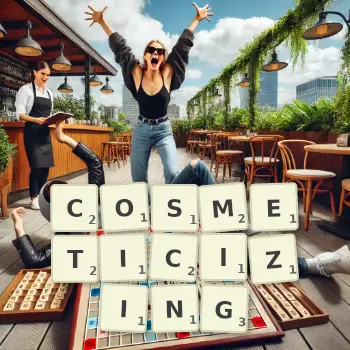 Creative illustration for a Scrabble game with the word COSMETICIZING spelled out in tiles on the board.