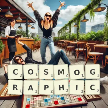 Creative illustration for a Scrabble game with the word COSMOGRAPHIC spelled out in tiles on the board.