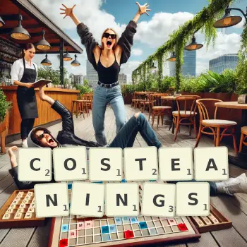 Creative illustration for a Scrabble game with the word COSTEANINGS spelled out in tiles on the board.