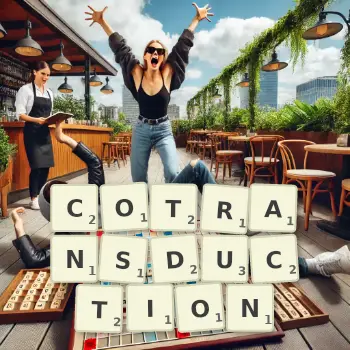 Creative illustration for a Scrabble game with the word COTRANSDUCTION spelled out in tiles on the board.