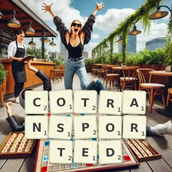 Creative illustration for a Scrabble game with the word COTRANSPORTED spelled out in tiles on the board.