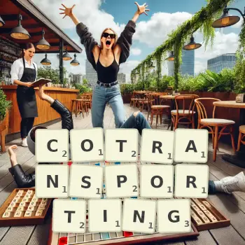 Creative illustration for a Scrabble game with the word COTRANSPORTING spelled out in tiles on the board.