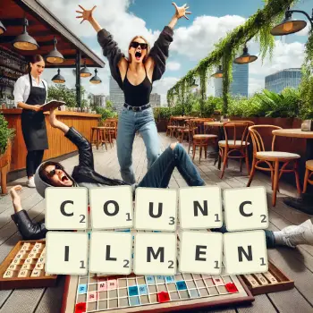 Creative illustration for a Scrabble game with the word COUNCILMEN spelled out in tiles on the board.