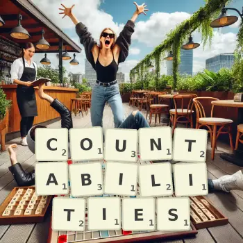 Creative illustration for a Scrabble game with the word COUNTABILITIES spelled out in tiles on the board.