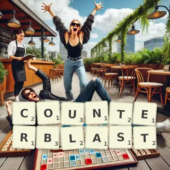 Creative illustration for a Scrabble game with the word COUNTERBLAST spelled out in tiles on the board.