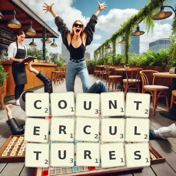 Creative illustration for a Scrabble game with the word COUNTERCULTURES spelled out in tiles on the board.