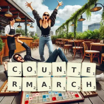 Creative illustration for a Scrabble game with the word COUNTERMARCH spelled out in tiles on the board.