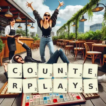 Creative illustration for a Scrabble game with the word COUNTERPLAYS spelled out in tiles on the board.