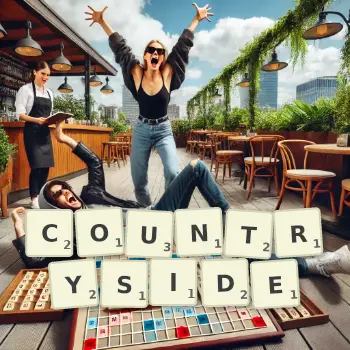 Creative illustration for a Scrabble game with the word COUNTRYSIDE spelled out in tiles on the board.