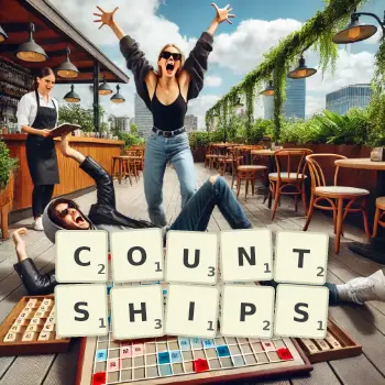 Creative illustration for a Scrabble game with the word COUNTSHIPS spelled out in tiles on the board.
