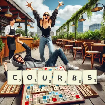 Creative illustration for a Scrabble game with the word COURBS spelled out in tiles on the board.