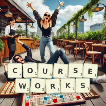 Creative illustration for a Scrabble game with the word COURSEWORKS spelled out in tiles on the board.