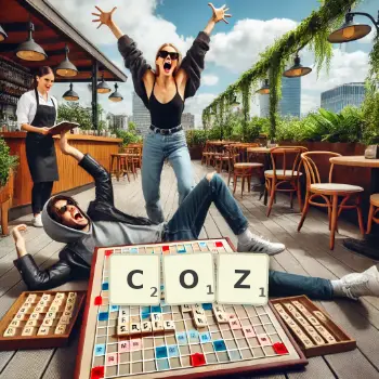 Creative illustration for a Scrabble game with the word COZ spelled out in tiles on the board.