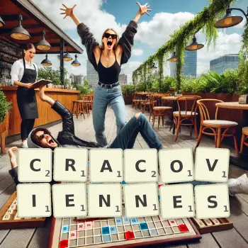 Creative illustration for a Scrabble game with the word CRACOVIENNES spelled out in tiles on the board.