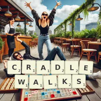 Creative illustration for a Scrabble game with the word CRADLEWALKS spelled out in tiles on the board.