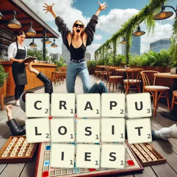 Creative illustration for a Scrabble game with the word CRAPULOSITIES spelled out in tiles on the board.
