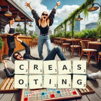 Creative illustration for a Scrabble game with the word CREASOTING spelled out in tiles on the board.