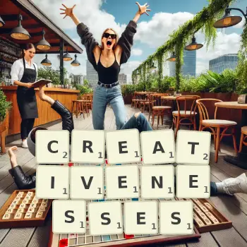 Creative illustration for a Scrabble game with the word CREATIVENESSES spelled out in tiles on the board.