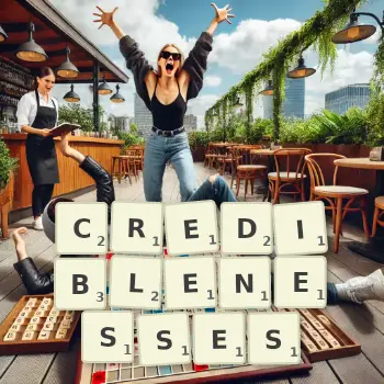 Creative illustration for a Scrabble game with the word CREDIBLENESSES spelled out in tiles on the board.