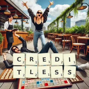 Creative illustration for a Scrabble game with the word CREDITLESS spelled out in tiles on the board.